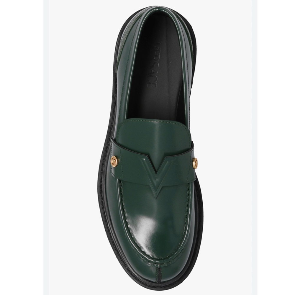 RARE VERSACE MEDUSA-PLAQUE LEATHER LOAFERS IN GREEN
